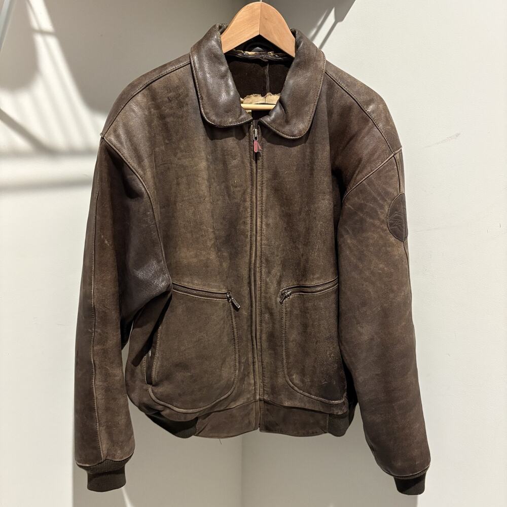 Vintage 1980s Hein Gericke Leather Bomber Flight Jacket Men's Size L Brown Map